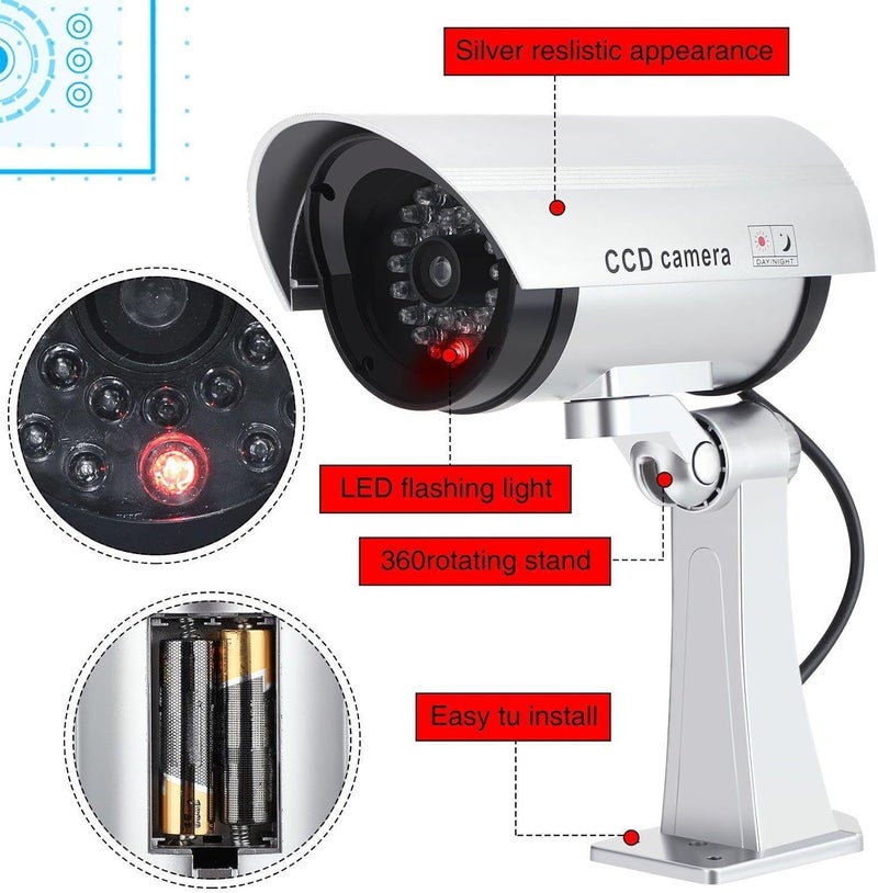 Macarrie 8 Pcs Fake Camera Realistic Dummy Security Camera Plastic Fake Video CCTV Surveillance System with Motion LED Light for Home Outdoor Indoor, No Battery Included(Silver) - Image 2